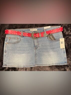 Madden Junior Girl Light Blue Denim Mini Skirt with Red Studded Belt